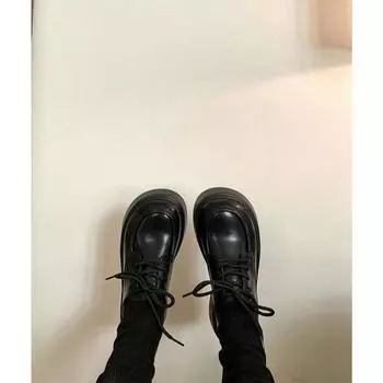 Shei Su Yinyin в том же академическом стиле ~ кожаные туфли-лоферы с круглым носком, на шнуровке, с толстой подошвой и каблуком-шагом, женские маленькие кожаные туфли 34 чёрный