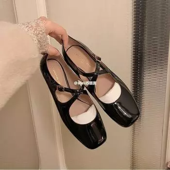 [sheii Su Yinyin] Barry daughter~ square head cross buckle strap flat Mary single shoes women s banquet shoes wedding shoes 34 чёрный