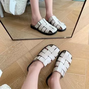 [sheii Su Yinyin] Мягкий взрыв ~ скрывает уродливые кожаные плетеные полые римские сандалии с плоским дном женские тапочки в виде свиной клетки 35