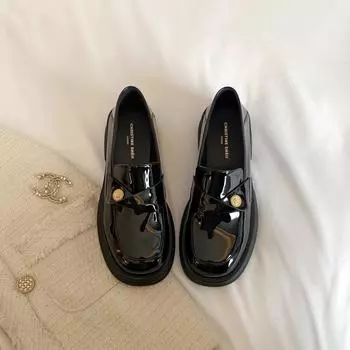 [Sheii Su Yinyin] Осеннее благосостояние ~ Маленькие золотые монеты на толстой подошве с каблуком-каблуком Ленивые толстые каблуки Мокасины женские маленькие кожаные туфли 34