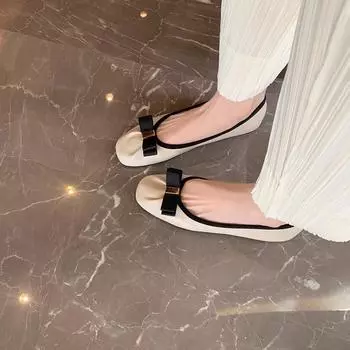 [sheii Su Yinyin] Soft puffs~ Square head bow flat ballet shoes women s single shoes laden shoes grandma shoes 35 абрикосовый