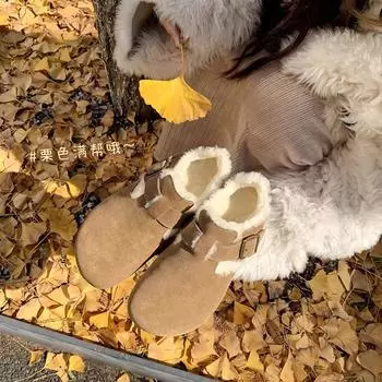 [sheii Su Yinyin] velvet Boken shoes winter leather fur pure original Boken single shoes women s bag head half drag 35