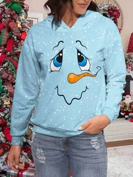 SHEIN EZwear Plus Size Женская рождественская светло-голубая толстовка с длинным рукавом и принтом лица снеговика, повседневная S