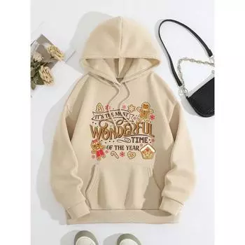 SHEIN EZwear Рождество Это самое прекрасное время Пряничный человечек Графический принт с буквами Женская повседневная толстовка с капюшоном, осень-зима S