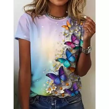 SHEIN LUNE Женская футболка с коротким рукавом и принтом в виде 3D-эффекта Ditsy Floral Butterfly Ombre, весна/лето S