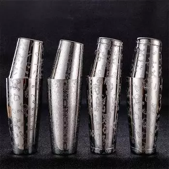 Шейкер для коктейлей Boston из зеркальной нержавеющей стали 304 с травленым узором