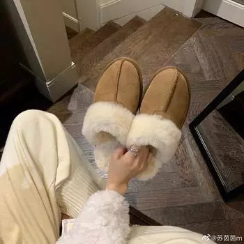 [Sheli Su Yinyin] Warm winter chestnuts~ round head flat bottom hairy half drag women s bag head velvet outer slippers 35 малиновый