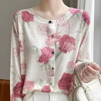 Шелковая блузка женская вязаная кардиган тонкая блузка с длинными рукавами рубашка свободная блузка с V-образным вырезом M