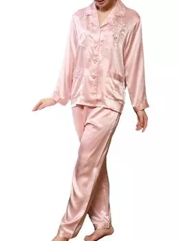 Шелковая длинная открытая цветочная розовая пижама [Yumekairou] женская, рукава, спереди, 100% шелк, вышивка, M, роза розовый