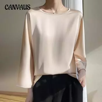 Шелковая футболка для женщин, весенне-летняя свободная атласная футболка с круглым вырезом и рукавами с девятью точками, простой топ с французским темпераментом M шампанского