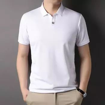 Шелковая футболка с короткими рукавами, мужская деловая повседневная тонкая футболка, легкая однотонная рабочая одежда для взрослых, белая рубашка-поло M