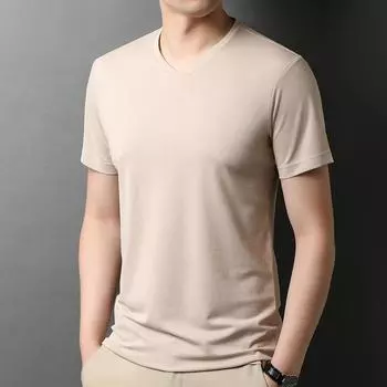 Шелковая футболка с короткими рукавами, мужская однотонная летняя футболка с v-образным вырезом, новая тонкая дышащая футболка из ледяного шелка, облегающий универсальный топ M