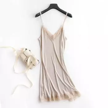 Шелковая кружевная ночная рубашка с V-образным вырезом: Шелковая пижама с подтяжками Mulberry Large