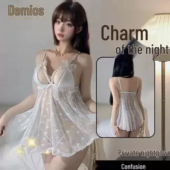 Шелковая майка-камезоль с жемчугом Miaosi и бабочкой: Сексуальная, Прозрачная, Ночная сорочка с открытой промежностью A699 One Size