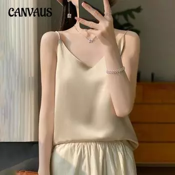 Шелковая майка, летняя женская блузка без рукавов с v-образным вырезом, топы с бретельками для женщин
