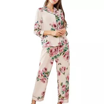 Шелковая пижама, элегантный шелковый романтический узор в виде розы, длинный рукав, верх и низ, комплект из 2 предметов, черный цвет (МАЮДАМА Шелк) 100% женская весна/осень (Л,