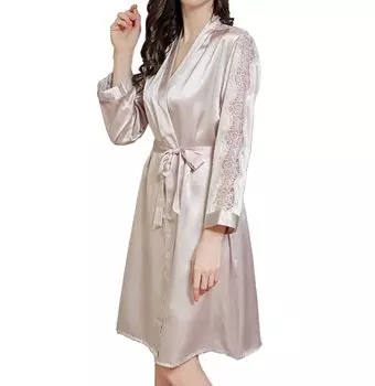 Шелковая пижама-комбинация из шелка Mulberry Silk с вышитым кружевом Inner, элегантная женская ночная рубашка, комплект из 2 предметов (МАЮДАМА Шелк) 100% (Шампанское Серебро, XL, x_l)