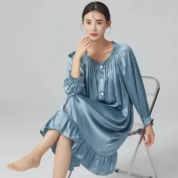 Шелковая пижама женская пижама длинная летняя синяя домашняя шелковая пижама с длинным рукавом Free size