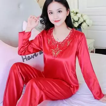 Шелковая пижама женская весенне-осенняя пижама с длинными рукавами женская осенняя имитация шелка тонкая корейская пижама женский летний костюм из двух частей XXXXL красный