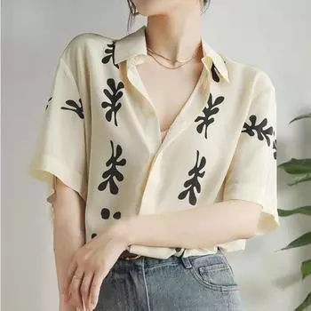Шелковая рубашка, женская летняя свободная шелковая рубашка с короткими рукавами и принтом, женская средняя и длинная модель S бежевый