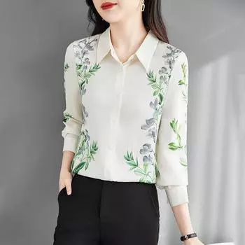 Шелковая рубашка женская с длинным рукавом весенняя одежда новая модная трендовая брендовая рубашка с принтом топ из шелка тутового дерева M