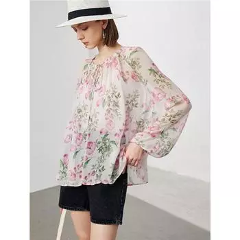 Шелковая рубашка женская весна/лето свободная микропроницаемая гладкая набивная двухсекционная блузка из 100% шелка тутового дерева L пастельные розовый