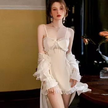 Шелковая сексуальная пижама для женщин с V-образным вырезом и подкладкой для груди, кружевная прозрачная ночная рубашка с халатом, пижамный комплект для женщин M