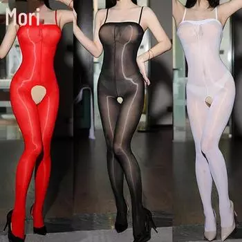 Шелковистое, плотное, блестящее боди-труба с регулируемыми бретелями и чулками Open crotch, One Size (80-160 cm)