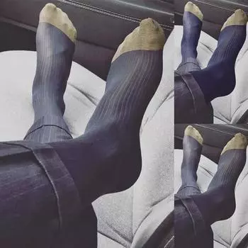 Шелковистые мужские носки в полоску, ультратонкие, дышащие, выше колена тёмно-синий