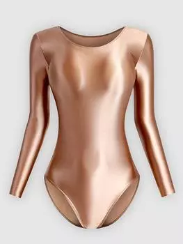 Шелковистый глянцевый облегающий женский боди - Однотонный, с длинным рукавом, круглым вырезом, дизайн в стиле балета S with Crotch
