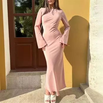 Шелковое атласное платье макси, женское повседневное тонкое облегающее платье с длинными расклешенными рукавами, тренд 2023, однотонное черное женское платье Vestidos S чёрный