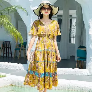 Шелковое летнее платье с V-образным вырезом и рукавами в виде листьев лотоса M