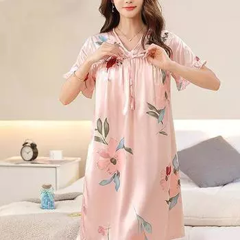 Шелковое пижамное платье для женщин с подушечкой на груди, цельное летнее платье с короткими рукавами, большой размер, длинная юбка из ледяного шелка, шелк M