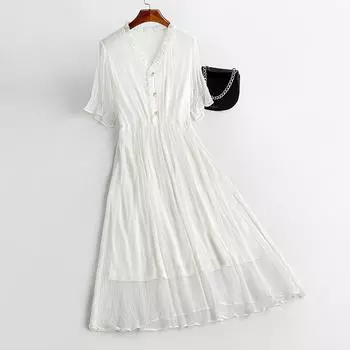 Шелковое платье летнее женское среднее и длинное шелковое платье-тумберри, комплект из двух предметов, юбка с короткими рукавами, женская, маленькая M белый