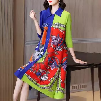 Шелковое платье в стиле Хепберн, новинка 2022 года, плиссированная женская рубашка с рукавами три четверти для мам One Size синий