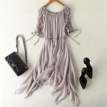 Шелковое платье женское лето 2024 новое нерегулярное пляжное платье тяжелое шелковое платье из шелка тутового шелкопряда молодежное S белый