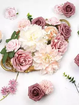 Шелковые цветы Искусственные цветы Комбинированные цветы Микс Розы Пионы со стеблями для самостоятельной свадьбы Свадебные букеты Украшения для стола на празднование рождения ребенка Домашний декор дубильная кора