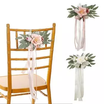 Шелковые цветы на спинку стула Цветы Эвкалиптовые листья Свадебные скамьи в скандинавском стиле Зеленые растения с лентой Искусственные цветы оранжевый