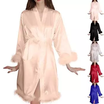 Шелковые халаты для женщин с пышной отделкой, сексуальный атласный халат для невесты, подружки невесты, свадебная вечеринка, короткий халат, легкая одежда для сна L чёрный