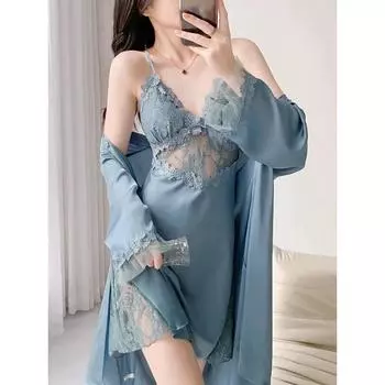 Шелковые халаты для женщин, сексуальное кружевное белье с глубоким V-образным вырезом и открытой спиной, комплект пижамы с подкладкой и поясом для завязывания для дома M