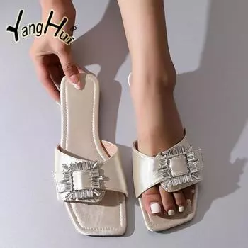 Шелковые и атласные стразы, элегантные и модные, летние, корейские, универсальные, 2024, женские сандалии и тапочки 35 покинуть белый
