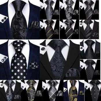Шелковые мужские галстуки, черный, серый, белый, простой, с узором пейсли, череп, галстук, носовой платок, запонки, набор N-0822