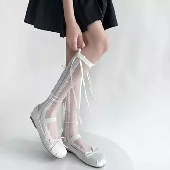 Шелковые носки с кристаллами, женские чулки JK, милые гольфы с бантом для девочек, ультратонкие прозрачные нейлоновые длинные носки с милым бантом
