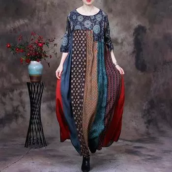 Шелковые платья женские большие размеры летние шелковистые свободные удобные с принтом удобные длинные платья с короткими рукавами M