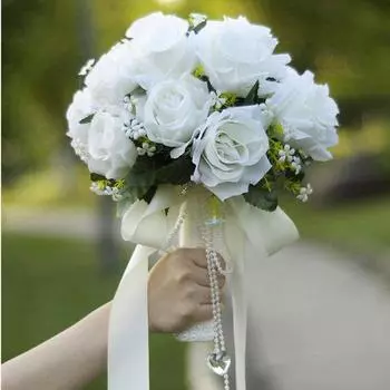 Шелковые розы Искусственные цветы Шелковая свадьба Белая невеста держит букет Флер Ручная работа Атлас Романтичный Чистый белый