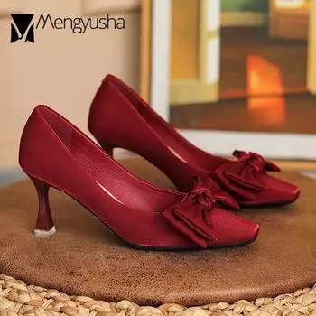 Шелковые свадебные туфли с бабочкой и узлом, женская свадебная обувь, туфли-лодочки с квадратным носком, женские туфли на высоком каблуке, туфли-лодочки, джинсы Мэри для женщин 2024 4.5 абрикосовый