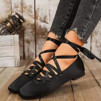 Шелковые туфли Мэри Джейн для женщин весна-осень балетки на плоской подошве со шнуровкой удобные женские туфли большой размер 43 36