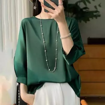 Шелковый атласный весенне-летний женский свободный круглый вырез, темпераментная футболка с рукавом три четверти, однотонный простой универсальный топ XXL белый