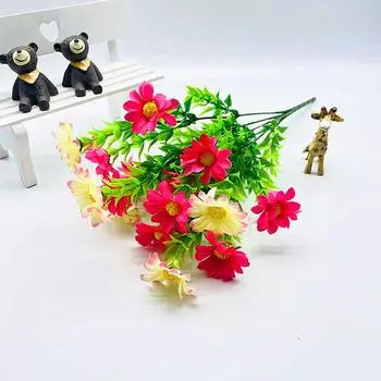 Шелковый букет из хризантем и водяной травы для весеннего декора интерьера, 15 цветков Red Pink