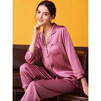 Шелковый пижамный комплект для женщин на лето и осень с длинным рукавом из шелка Mulberry Домашняя одежда Шелковый женский пижамный комплект с карманами M